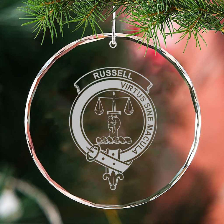Scottish Russell Clan Crest Crystal Ornament Circle Shape Tartan Blether