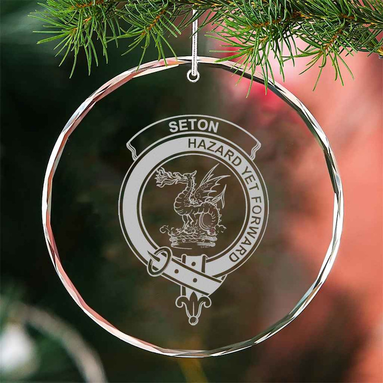 Scottish Seton Clan Crest Crystal Ornament Circle Shape Tartan Blether