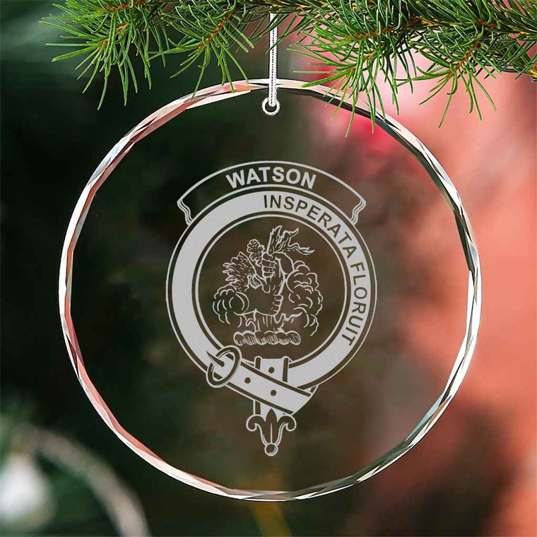 Scottish Watson Clan Crest Crystal Ornament Circle Shape Tartan Blether