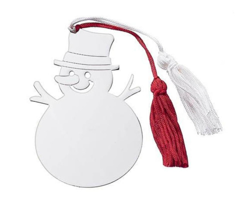 Silver plate snowman ornament with red tassel.
