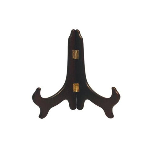 Elegant wooden tray holder with gold hinges.