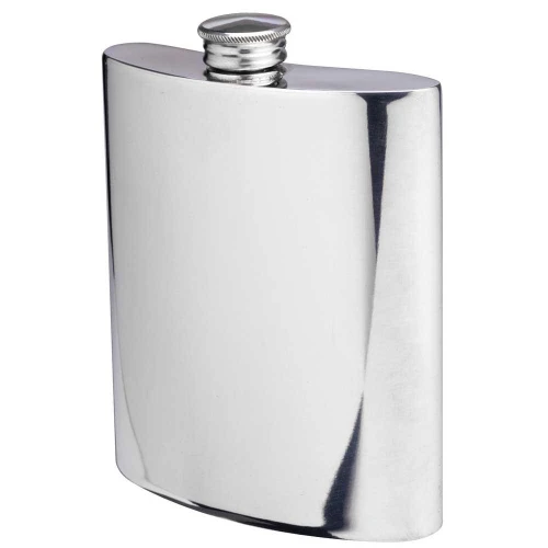 Polished pewter hip flask with screw-top lid.