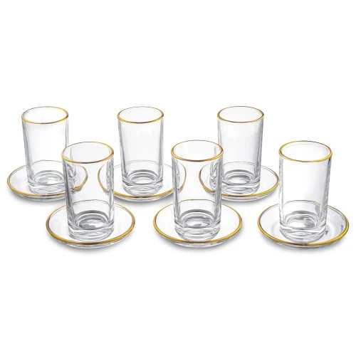 Glass Cup + Saucer Set Of 6 - Modern W/ Gold Rim