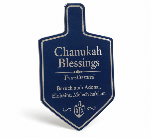 Dreidel card Silver On Blue - Transliterated - Small