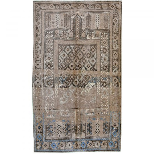 Antique Persian 6'2" x 3'10" Camel & Blue Wool Area Rug