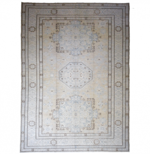 Afghani 12'8" x 8'8" Ice Blue & Pale Peach Wool Area Rug