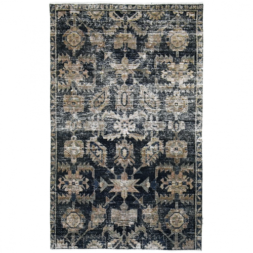 Antique Persian 5'3" x 3'2" Dark Blue & Tan Wool Area Rug