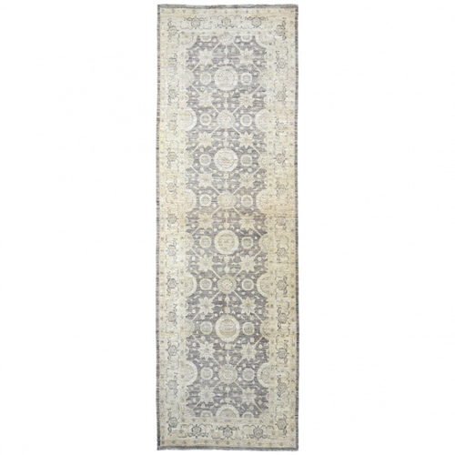 Afghani 10'9" x 3'3" Beige & Dark Grey Wool Runner Rug