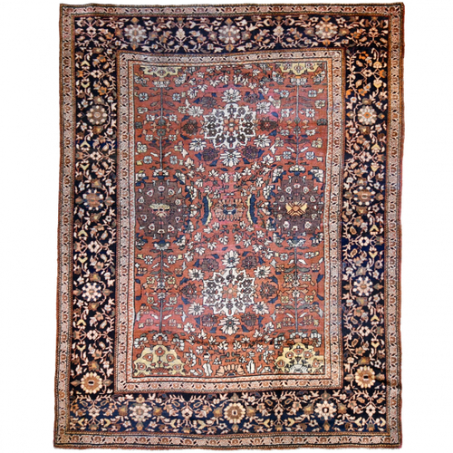 Antique Persian 11'7" x 8'9" Terracotta & Navy Blue Wool Area Rug