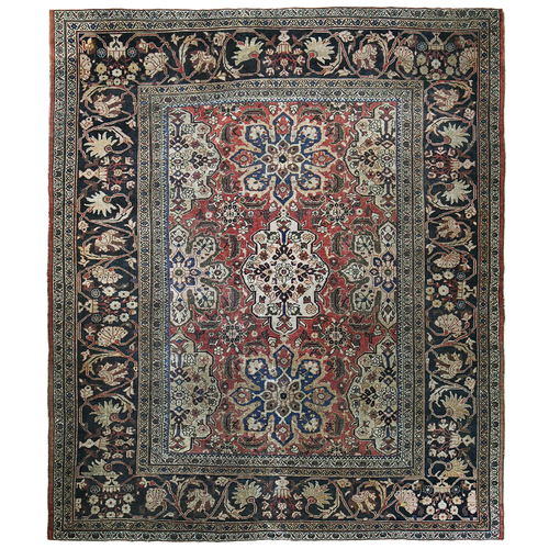 Antique Persian 11'1" x 9'5" Rust & Navy Blue Wool Area Rug