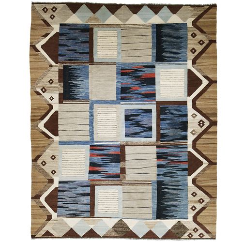 Afghani 12'9" x 10' Taupe & Blue Wool Area Rug