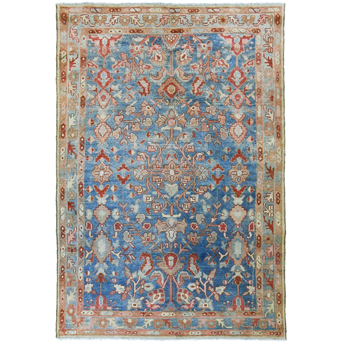 Vintage Persian 6'4" x 4'3" Peach & Blue Wool Area Rug