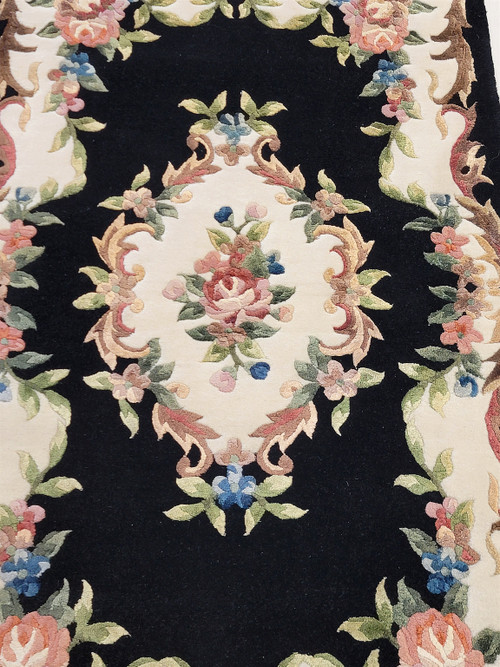 Chinese 3' x 5' Black Wool Floral-wreath Area Rug