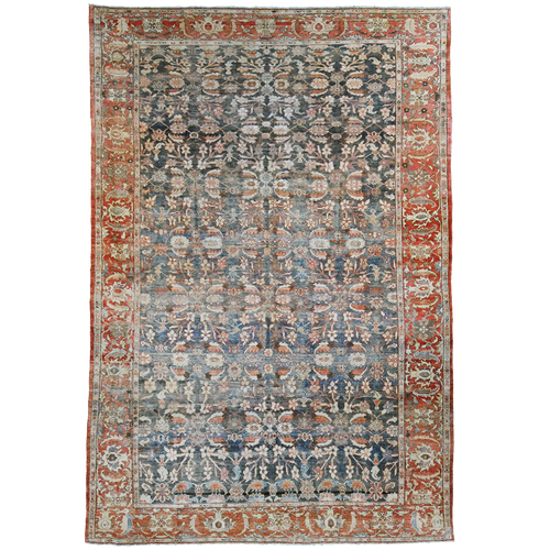Antique Persian 10'5" x 6'10" Faded Blue & Orange Wool Area Rug