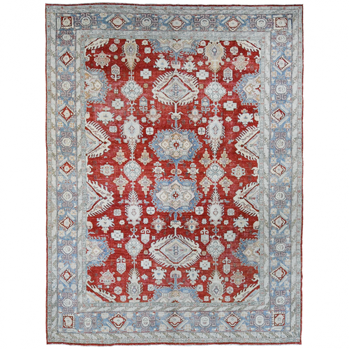 Antique Persian 11'10" x 8'10" Red & Ice Blue Wool Area Rug