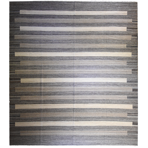 Vintage Mongolian 15' x 12'3" Grey & Cream Wool Striped Area Rug