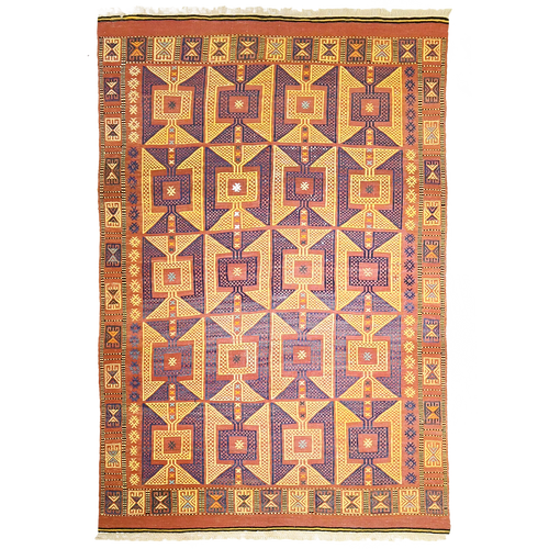 Vintage Turkish 8'7" x 6' Yellow & Plum Wool Area Rug