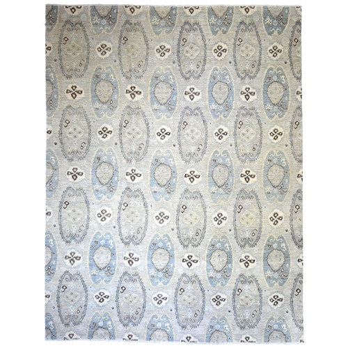 Pakistani 11'10" x 8'10" Cream & Sky Blue Wool Area Rug