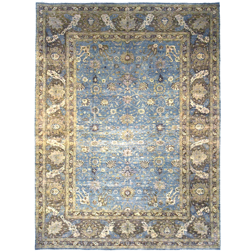 Antique Indian 13'10" x 9'10" Beige & Denim Wool Area Rug