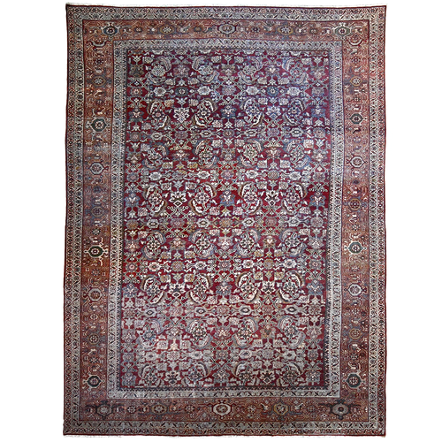 Antique Persian 12' x 8'5" Ruby & Periwinkle Wool Area Rug