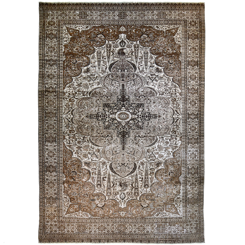 Antique Turkish 13'7" x 8'8" White & Charcoal Wool Area Rug