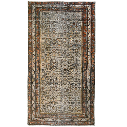 Antique Persian 7'9" x 4'3" Grey & Burnt Orange Wool Area Rug