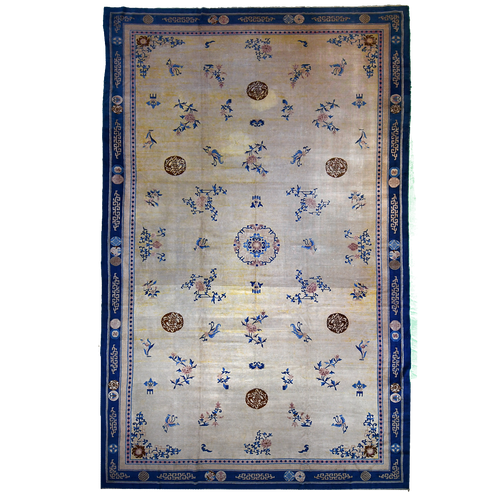 Antique Chinese 19'6" x 11'6" Wheat & Blue Wool Area Rug