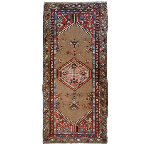 Antique Persian 7'9" x 3'6" Brown & Dark Pink Wool Area Rug