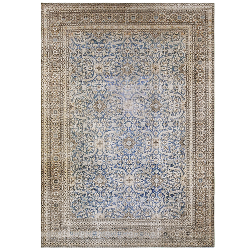 Antique Persian 11'5" x 8' Peach & Denim Wool Area Rug