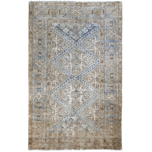 Antique Turkish 6'3" x 4' Taupe & Sky Blue Wool Area Rug