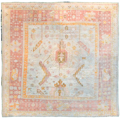 Antique Turkish 7'7" x 7'5" Beige & Pink Wool Square Rug