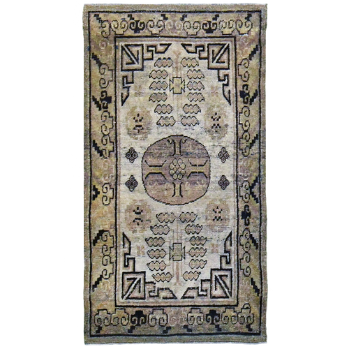 Antique Mongolian 4'7" x 2'5" Cream & Terracotta Wool Area Rug