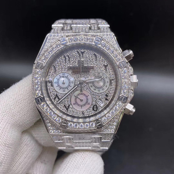 buy Iced out replica moisonnite diamonds  AP royal oak chronograph watch with arabic dial replica from hypereptime Audemars Piguet