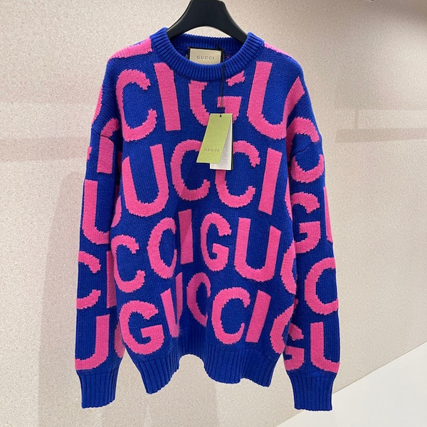 Buy High quality replica UA Gucci Wool jumper with Gucci intarsia Blue and Pink ‎Sweater from HypeRepTime, best replica designer brand website