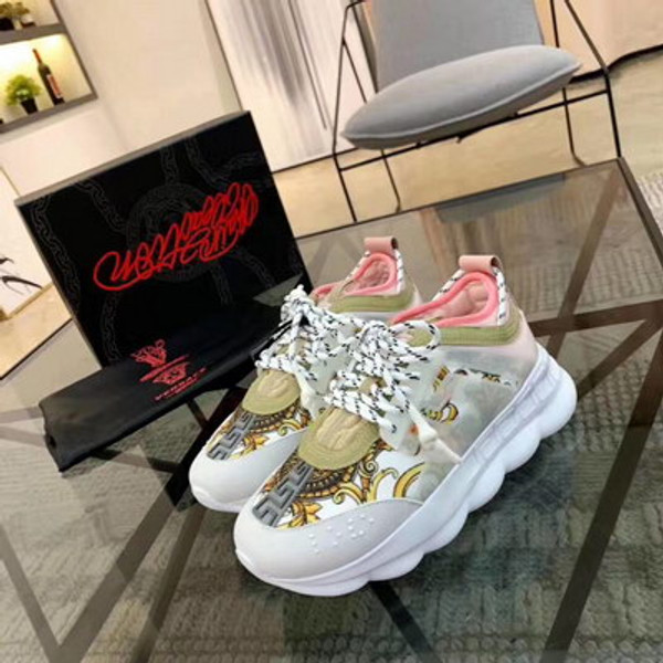 Buy UA High quality replica Versace X 2chainz Chain Reaction in white Pink versace print sneakers from HypeRepTime, best replica designer brand website