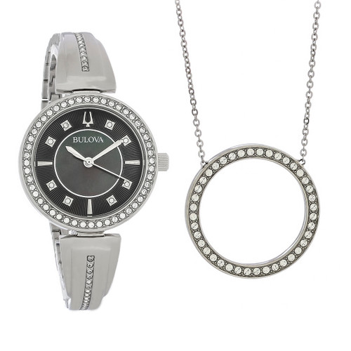 Bulova reloj de cuarzo negro para mujer con juego de collar y fregona 96x152