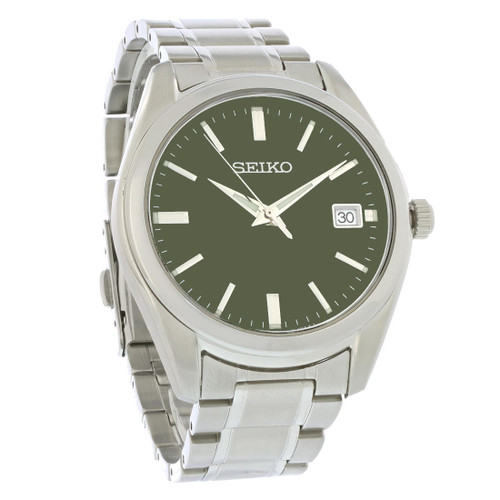Relógio masculino Seiko Essentials em aço inoxidável com mostrador verde e quartzo sur527