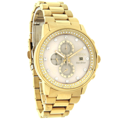 Citizen Eco-Drive Nighthawk Champagne Crystal Gold Tone Watch FB3002-53P