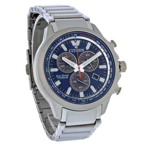 Citizen Eco-Drive Weekender Mens Blue Dial Titanium Chronograph Watch AT2471-58L