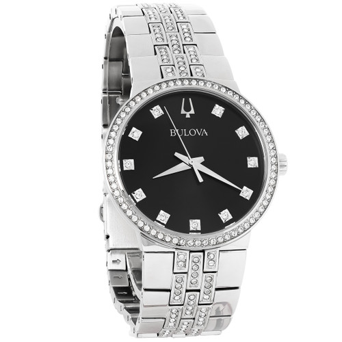Bulova Men's Crystal Stainless Steel Black Dial Quartz Watch 96K110