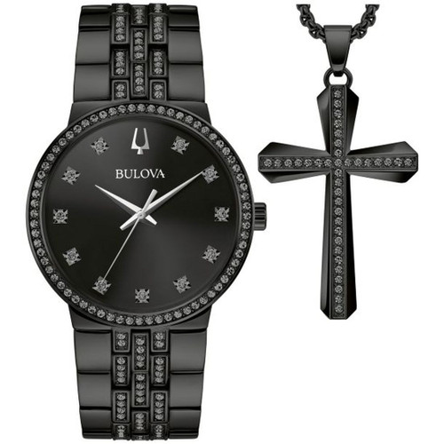 Bulova 98K116 Men's Classic Box Set Crystal Accent Black Dial Watch and Necklace