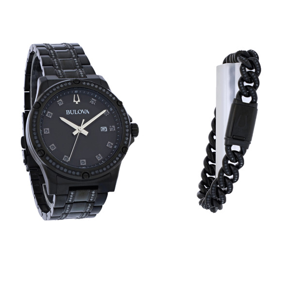 Bulova Crystal Men's Black ION Plated Bracelet Set Quartz Watch 98K119