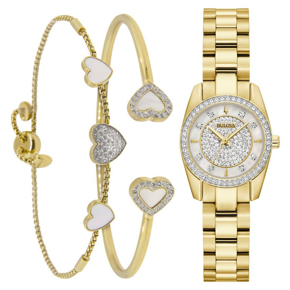 Bulova Crystal Quartz White Dial Women's Watch and Bracelet Gift Set 98X137