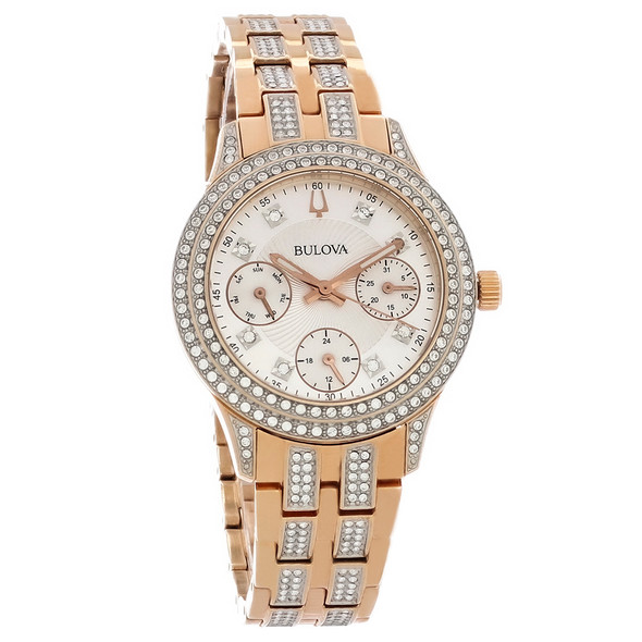 Bulova Multifunction Rose Gold Plated Crystal Quartz Watch 98N113