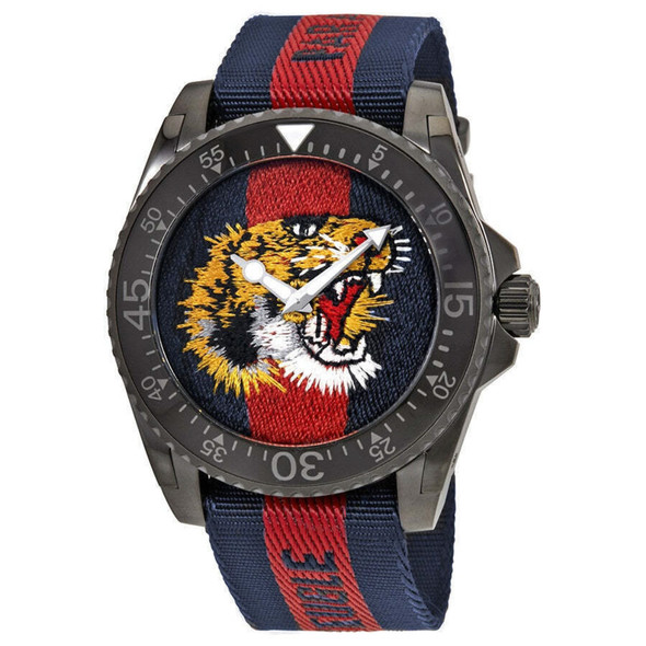 Gucci Dive Tiger Embroidered Men's Red and Blue Fabric Strap Watch YA136215