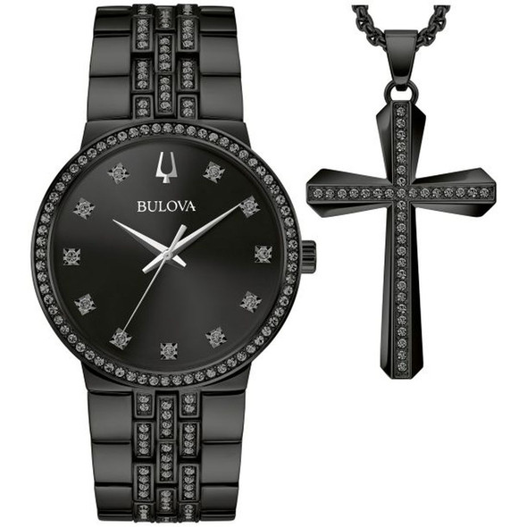 Bulova 98K116 Men's Classic Box Set Crystal Accent Black Dial Watch and Necklace