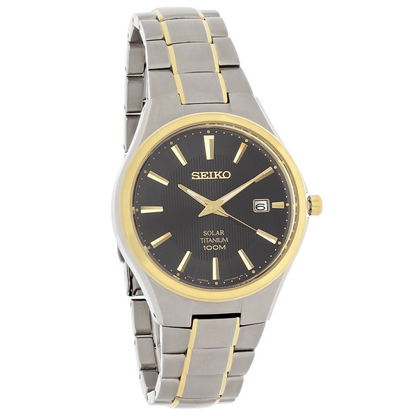 Seiko Solar Quartz Men's Black Dial Two Tone Titanium Watch SNE382