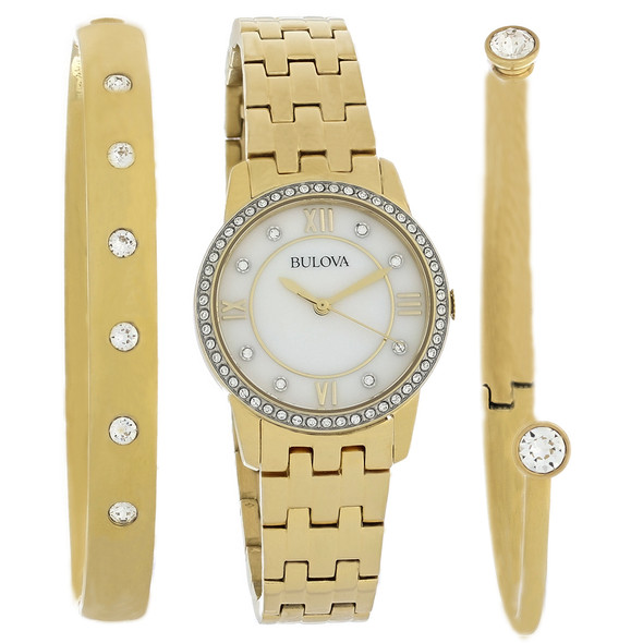 Bulova Women's Bracelet Set Gold Plated Stainless Crystal Quartz Watch 98X115