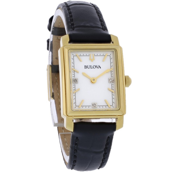 Bulova Sutton Women's Diamond Gold Tone Black Leather Band Quartz Watch 97P166