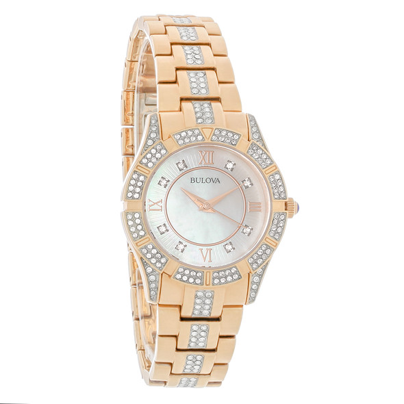 Bulova Crystal Women's MOP Rose Gold Tone Quartz Watch 98L197